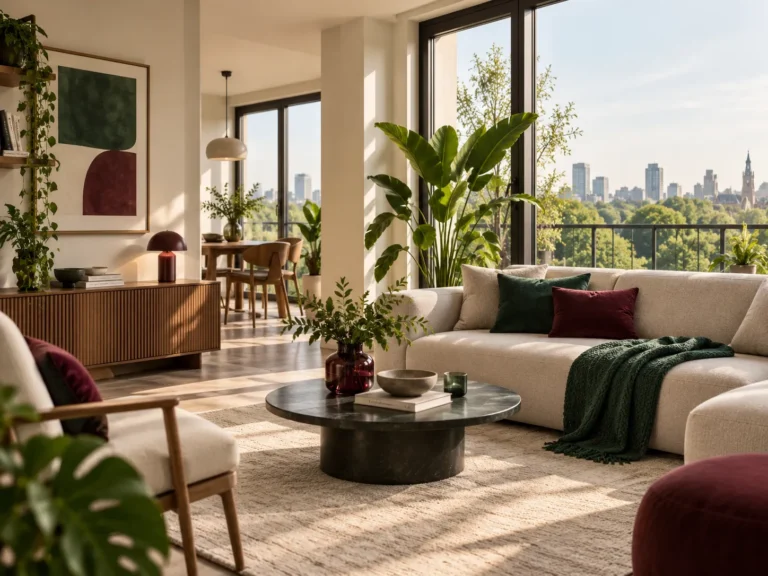 Licht en modern interieur met groene planten en uitzicht op de stad. Central Park
