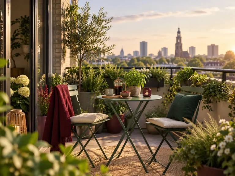 Sfeervol stadsbalkon met planten, zitplek en uitzicht op de skyline. Central Park