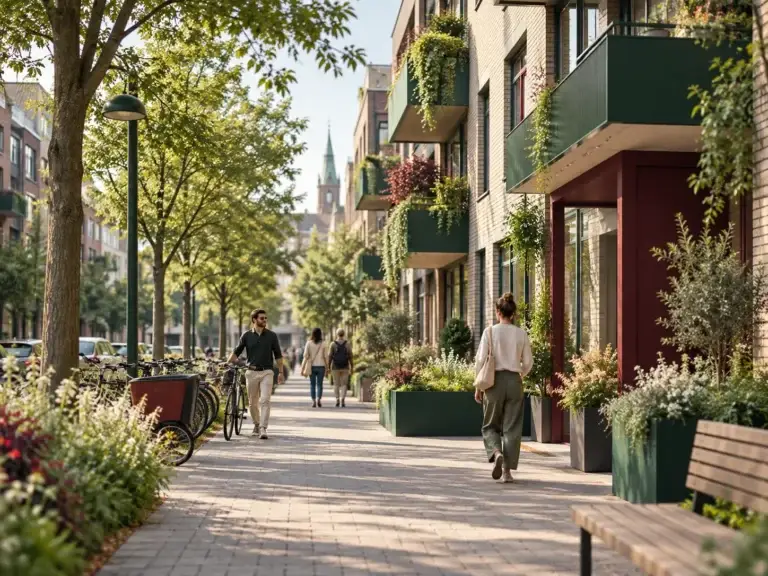 Groene stedelijke woonstraat met appartementen, fietsen en voetgangers