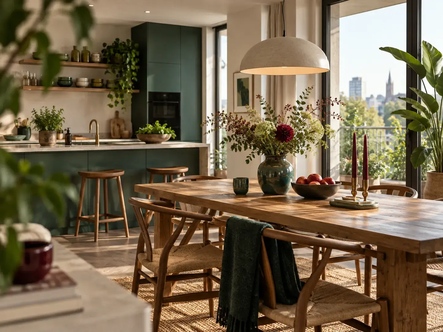 Moderne keuken en eetkamer met planten, hout en groene accenten Title: Stedelijk leven dicht bij de natuur