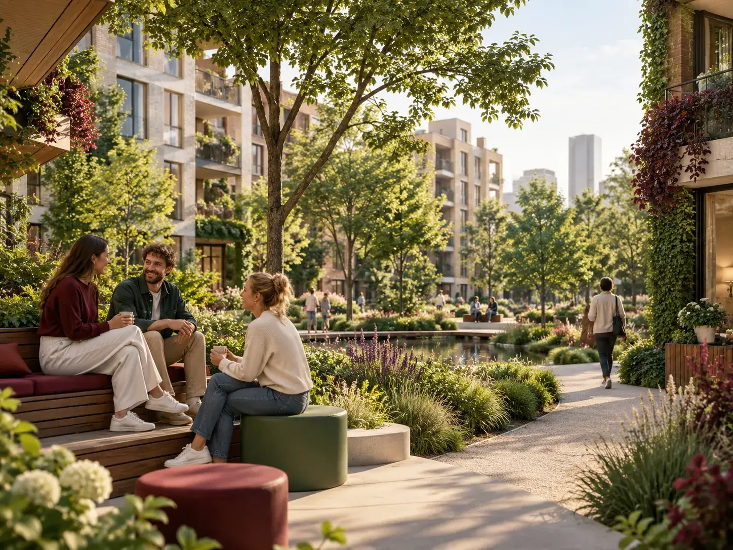 Bewoners ontmoeten elkaar in een groene stedelijke woonomgeving bij Central Park Registreer